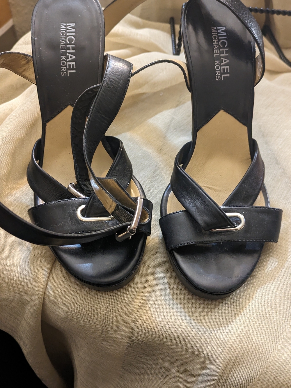 Michael Kors Black Leather Strappy Heeled Sandals with Silver Buckle